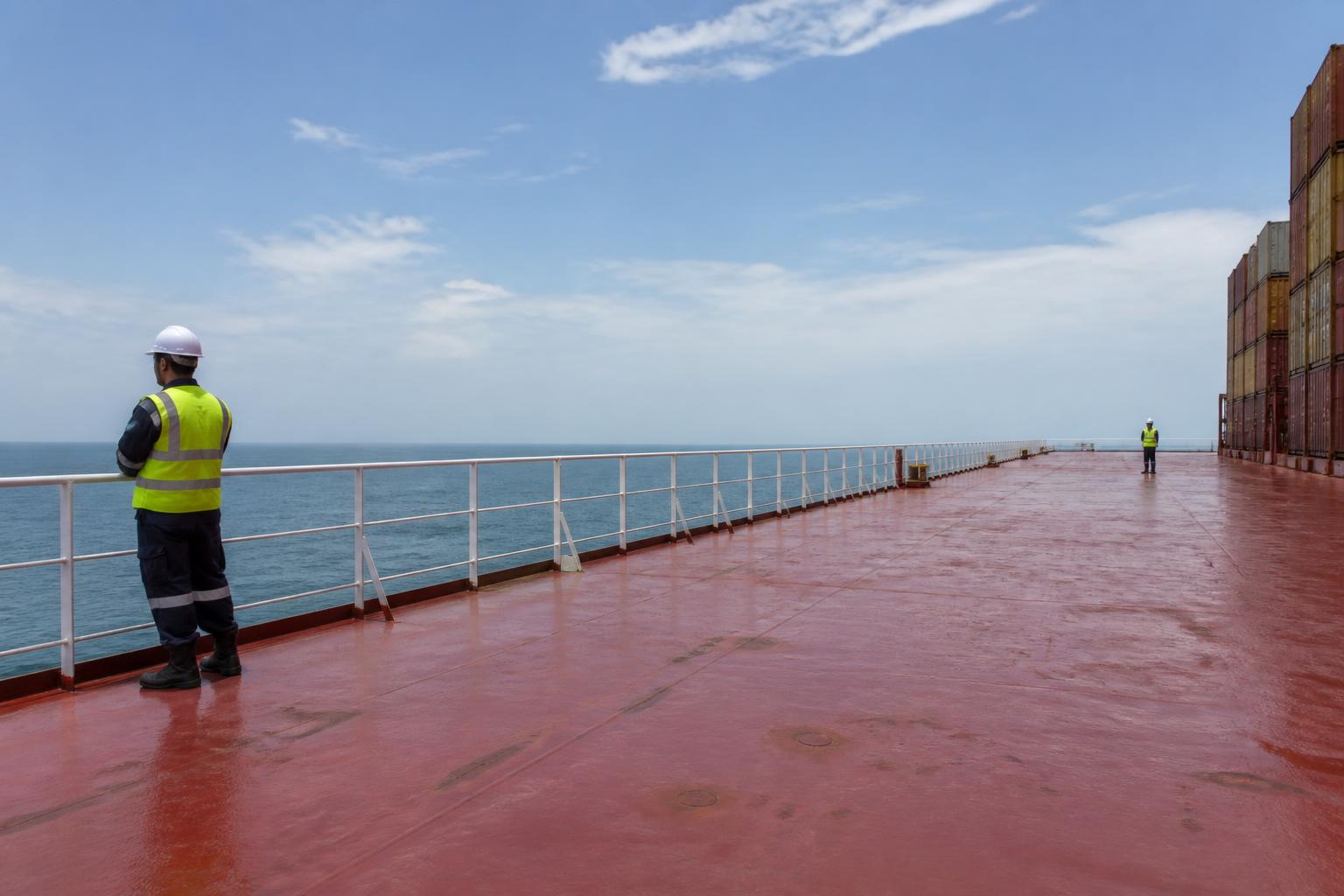 Officers on watch across a wide cargo deck