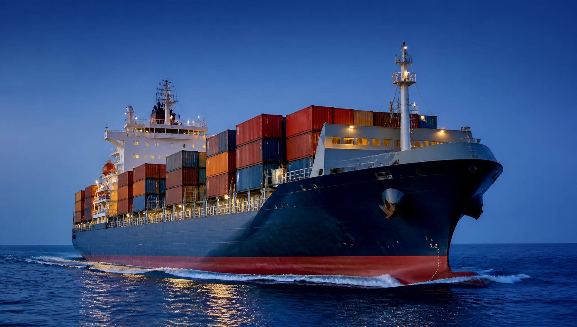 Commercial vessel at sea with a digital fleet monitoring overlay