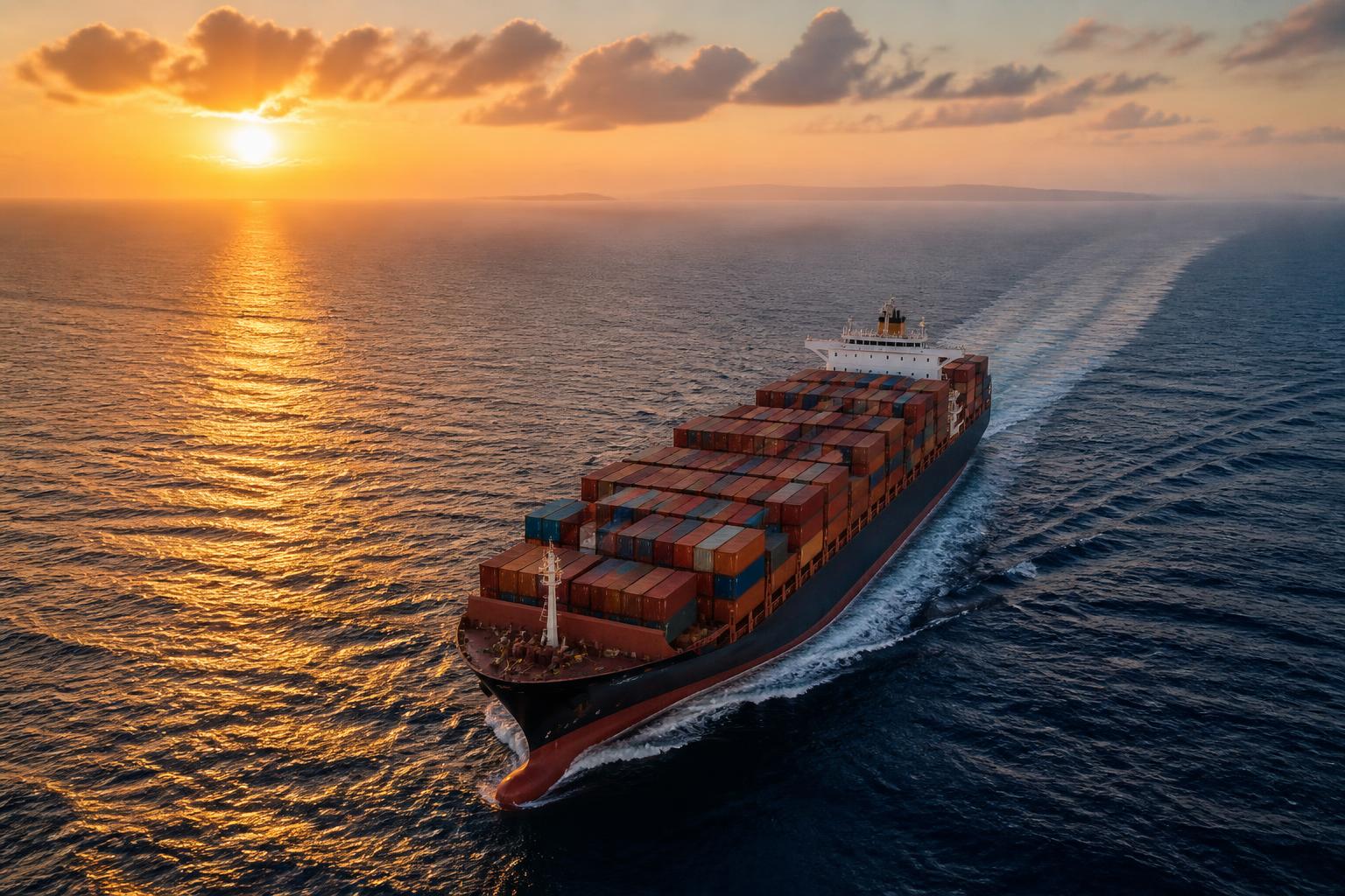 Container ship in open-ocean transit at sunset