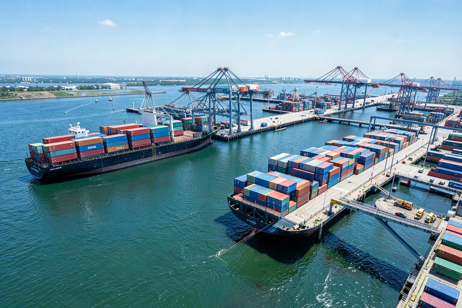 Cargo vessels during modern port operations