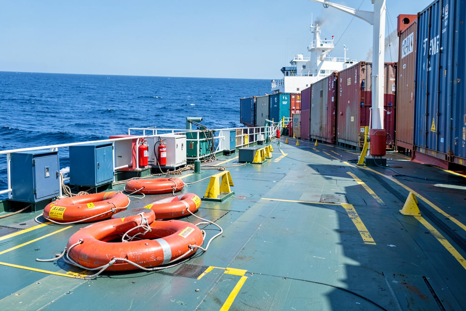 Safety and emergency equipment secured on a cargo vessel deck