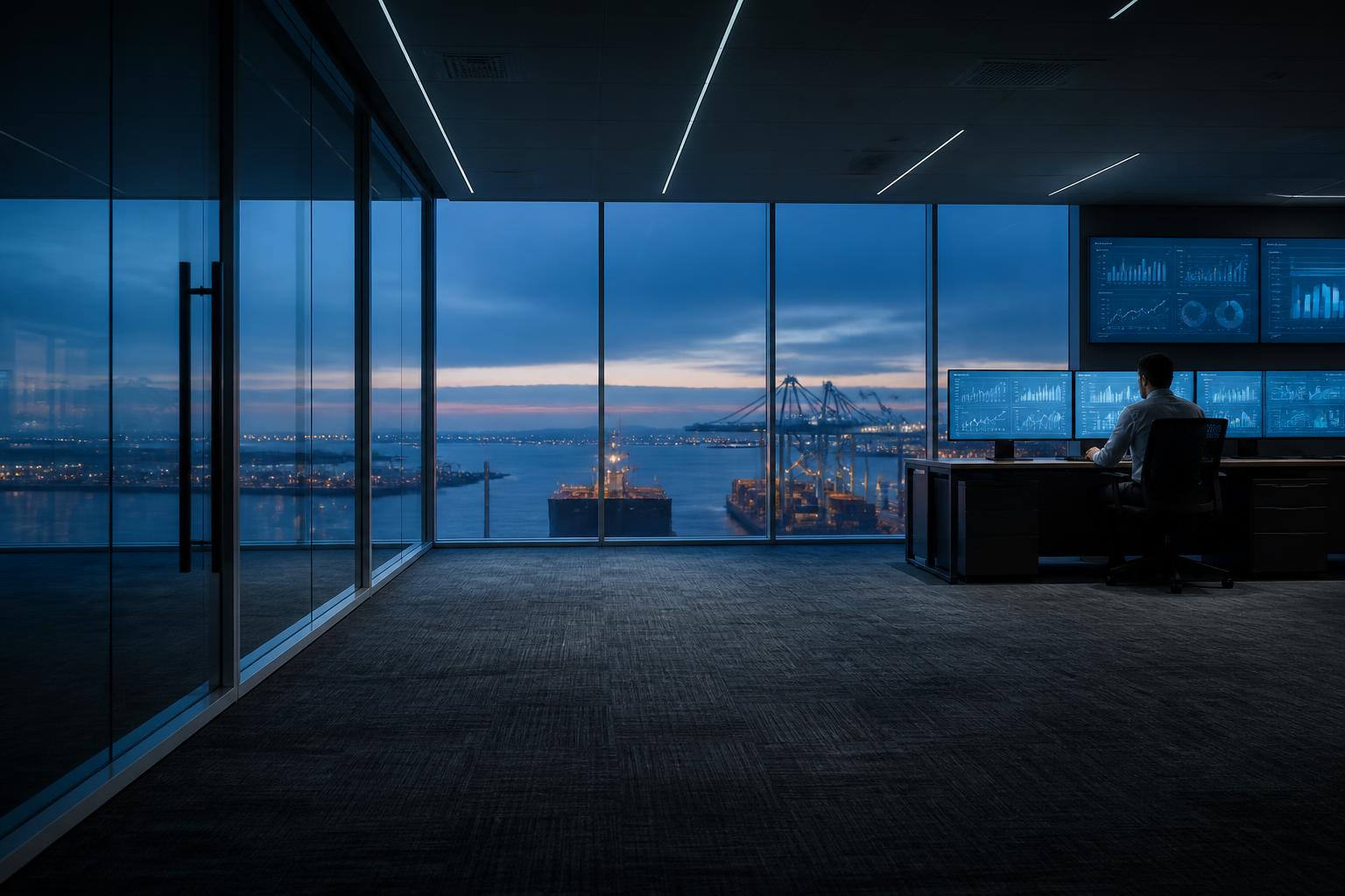 Shore-side fleet office overlooking a port at dusk