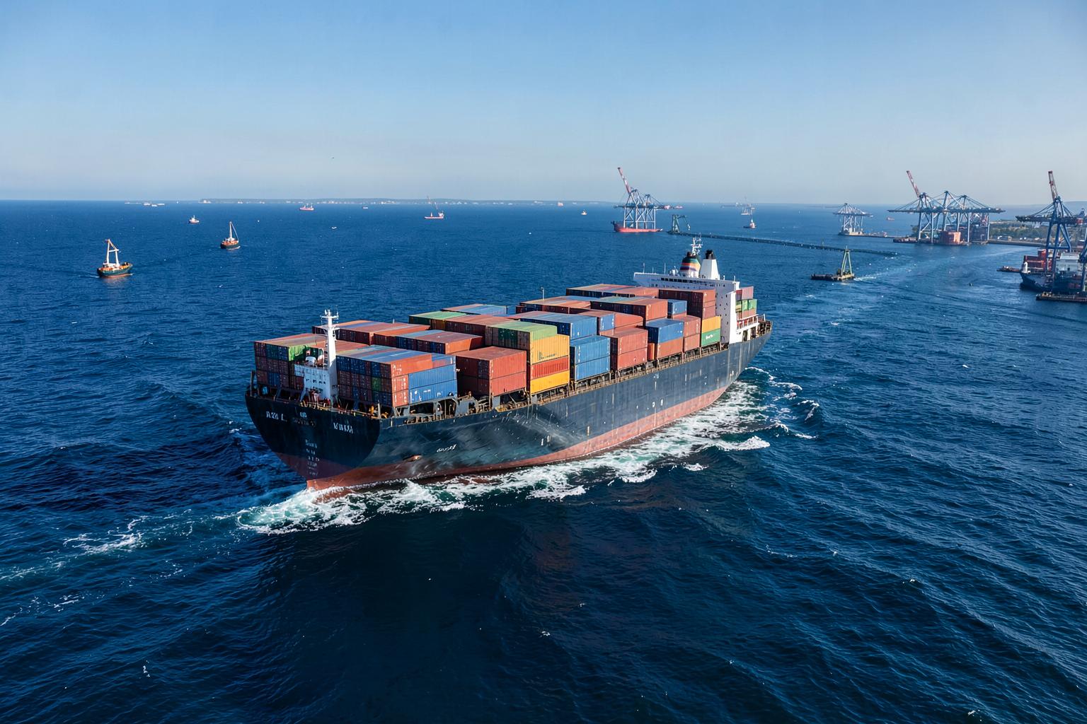 Container vessel sailing toward a busy commercial port